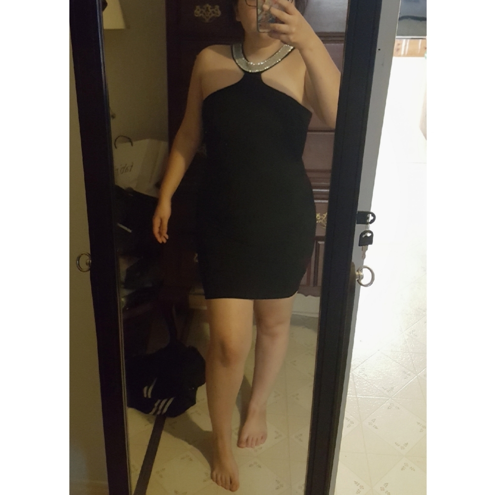 Black Blodycon Mini Highneck Jeweled Dress